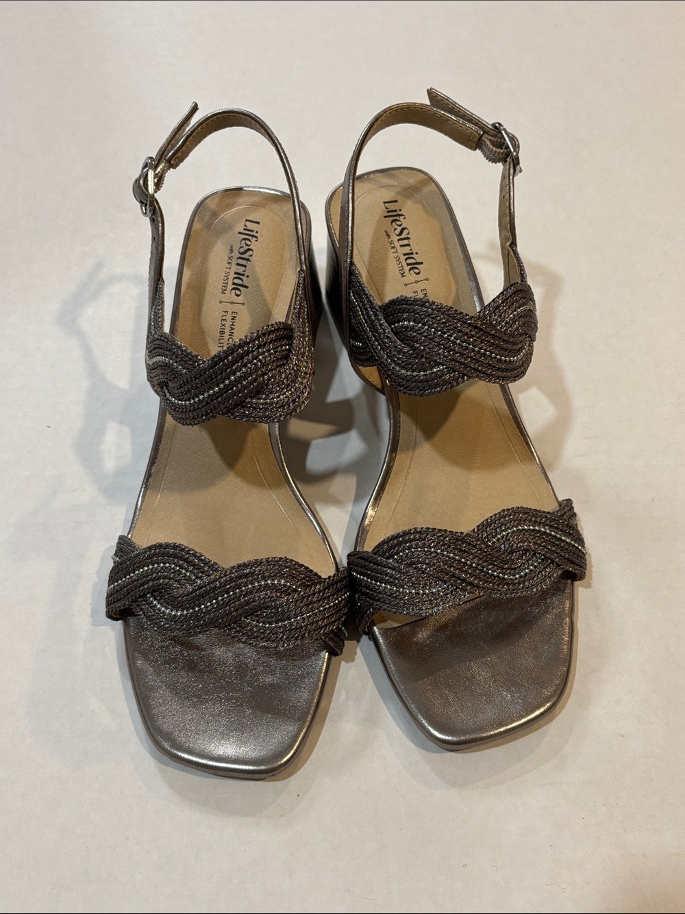Life Stride Metallic Silver Woven Strap Slingback Sandals